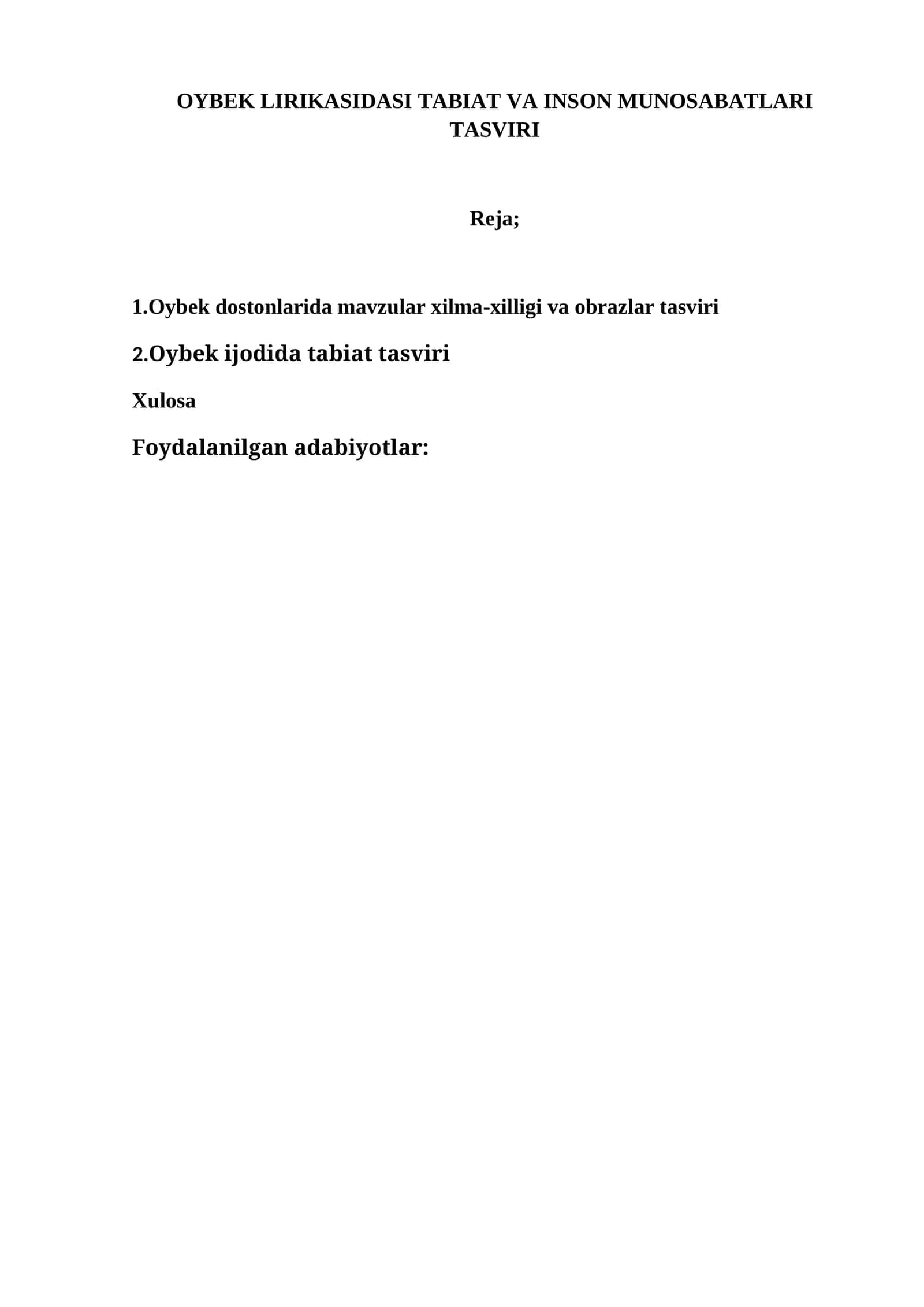 OYBEK LIRIKASIDASI TABIAT VA INSON MUNOSABATLARI TASVIRI