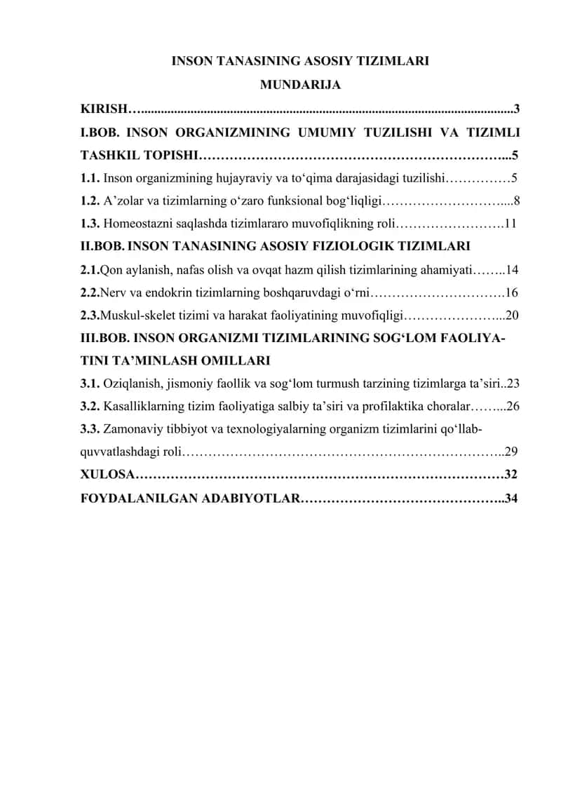 INSON TANASINING ASOSIY TIZIMLARI