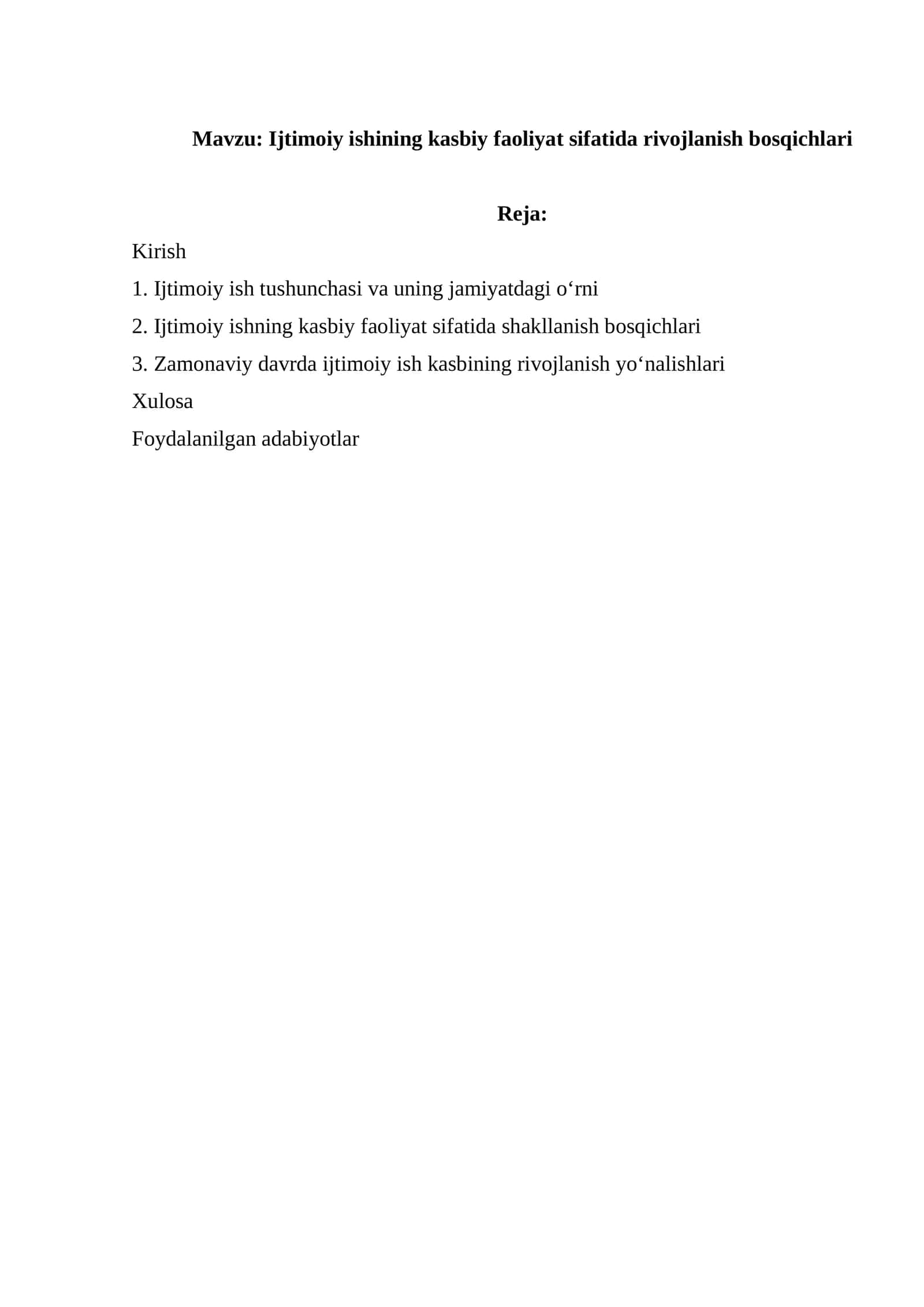 Ijtimoiy ishining kasbiy faoliyat sifatida rivojlanish bosqichlari