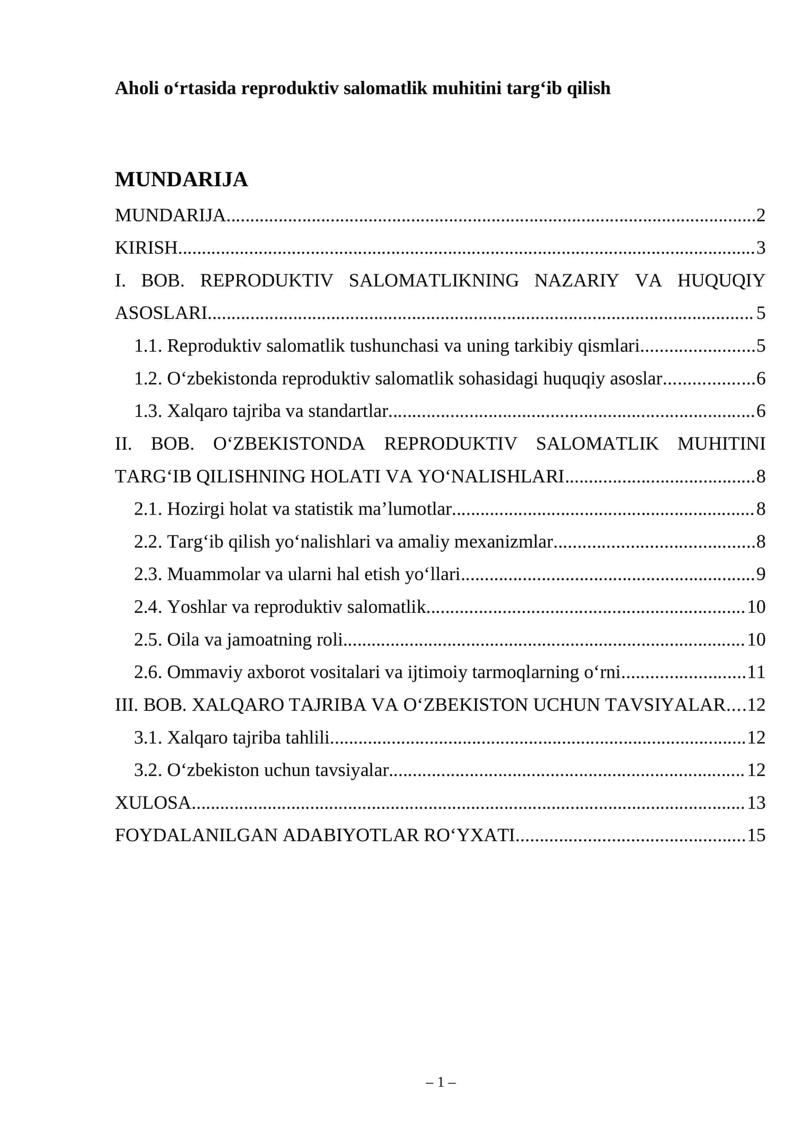 Aholi o‘rtasida reproduktiv salomatlik muhitini targ‘ib qilish