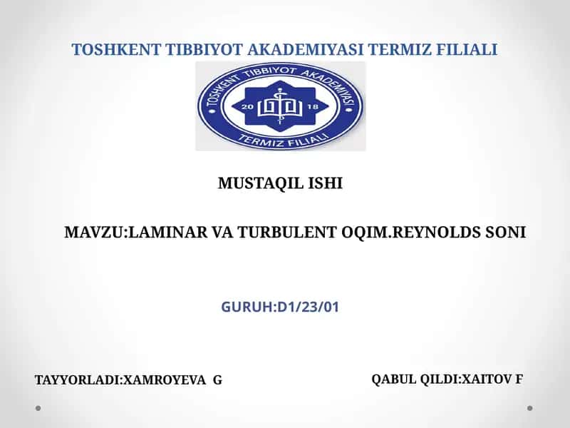 Laminar va turbulent oqim. Reynolds soni