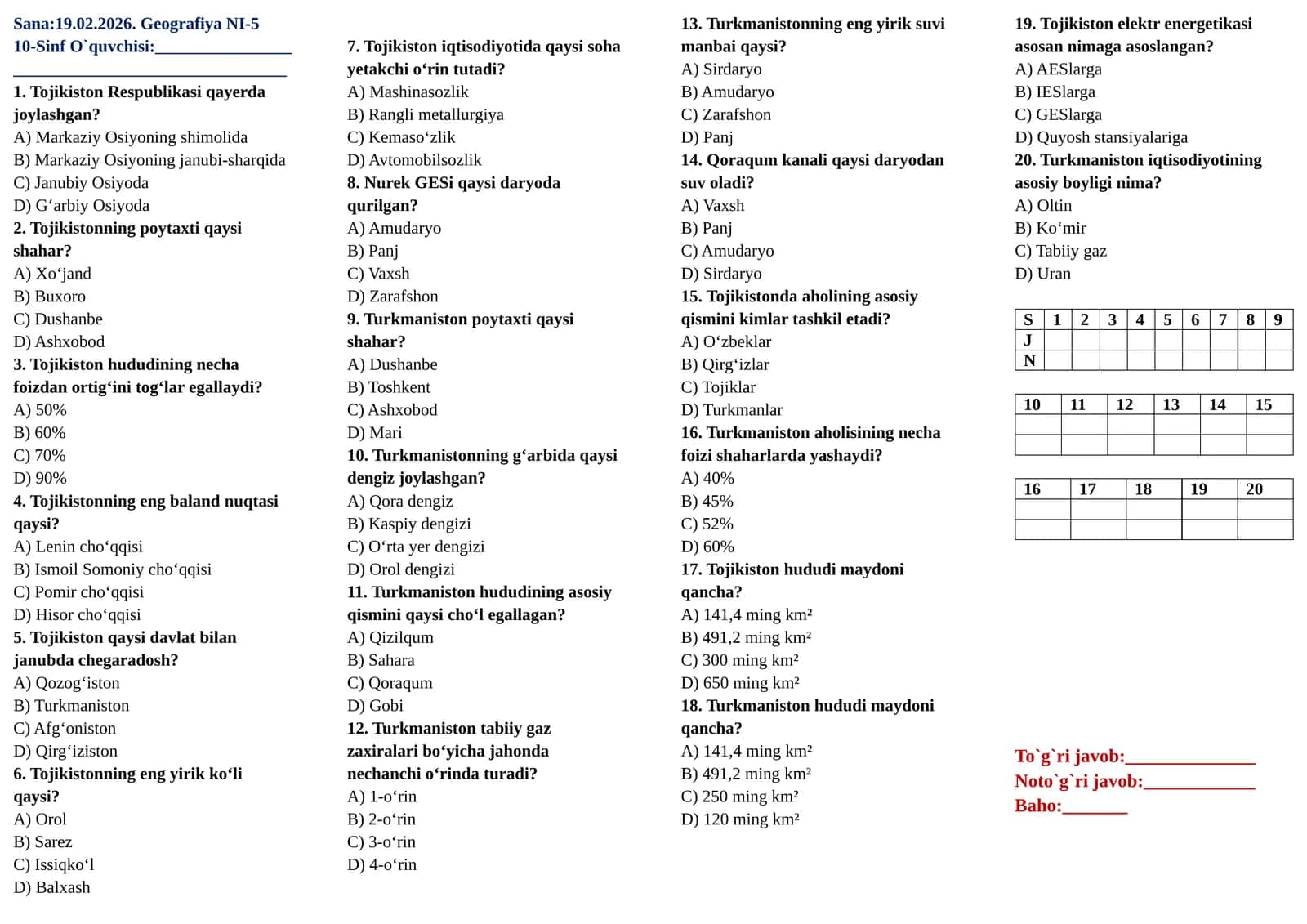 10-sinflar uchun Geografiya fanidan  Nazorat ishi-5