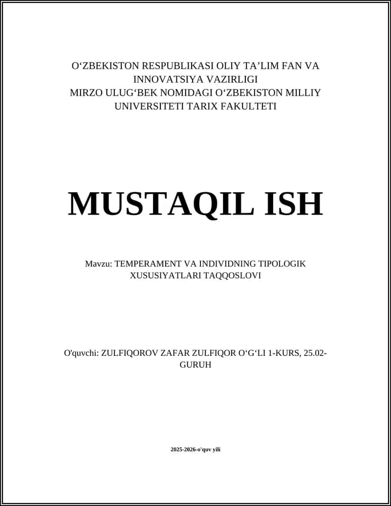 TEMPERAMENT VA INDIVIDNING TIPOLOGIK XUSUSIYATLARI TAQQOSLOVI
