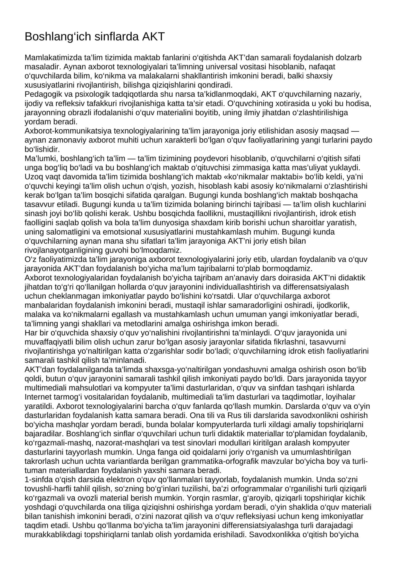 Boshlang‘ich sinflarda AKT
