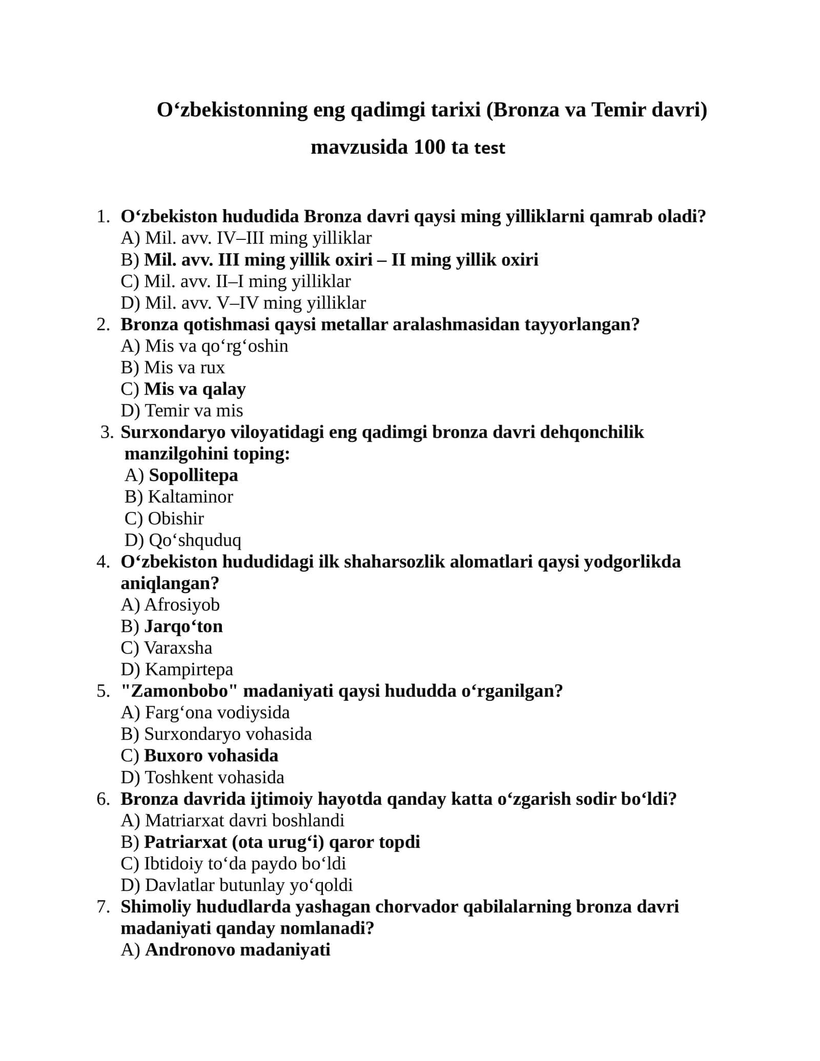 O‘zbekistonning eng qadimgi tarixi (Bronza va Temir davri) mavzusida 100 ta test