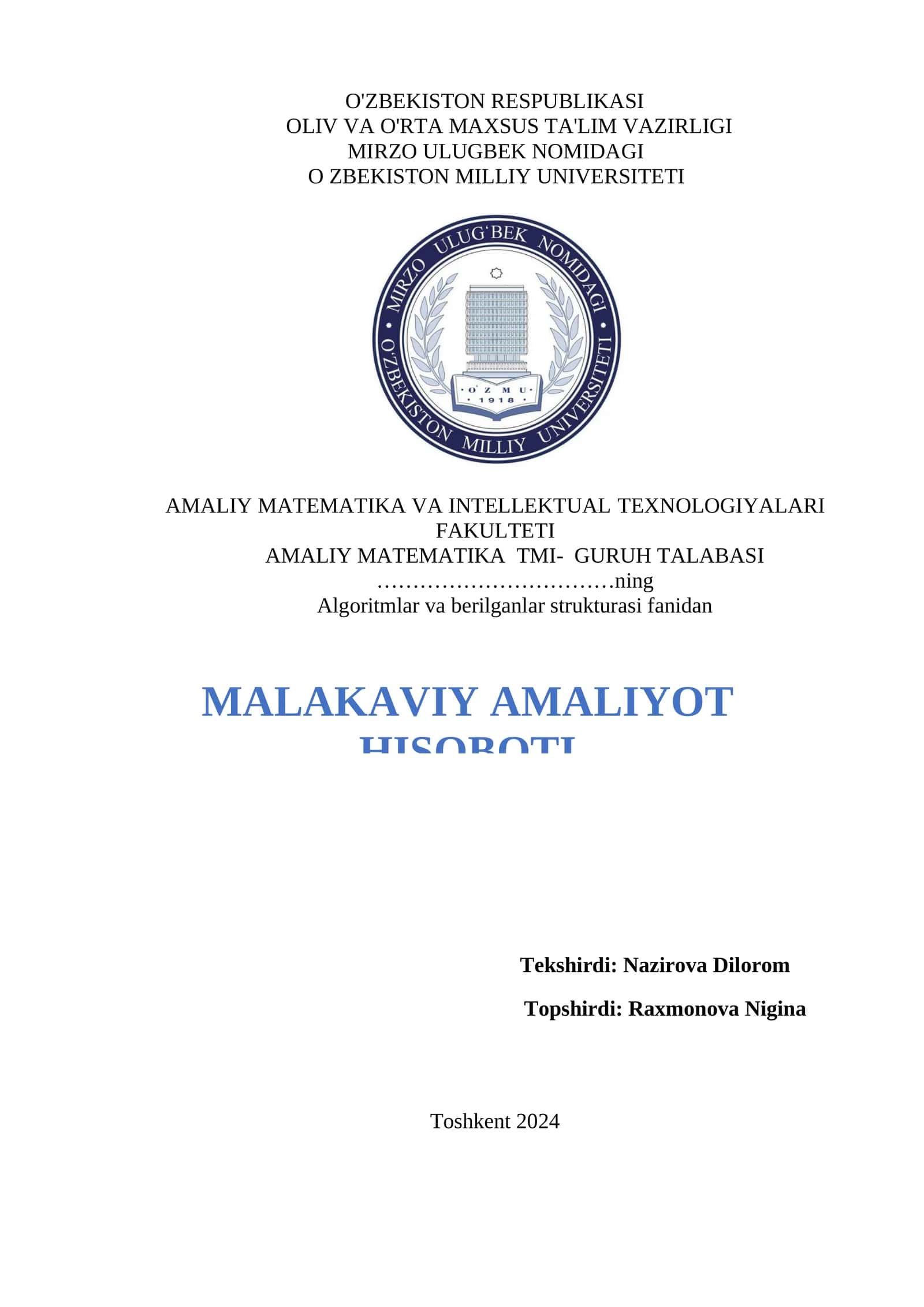 MALAKAVIY AMALIYOT HISOBOTI