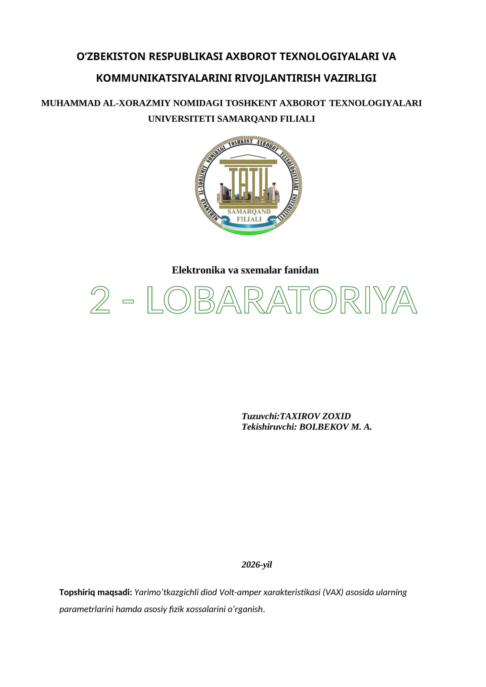 Elektronika va sxemalar fanidan 2 - LOBARATORIYA
