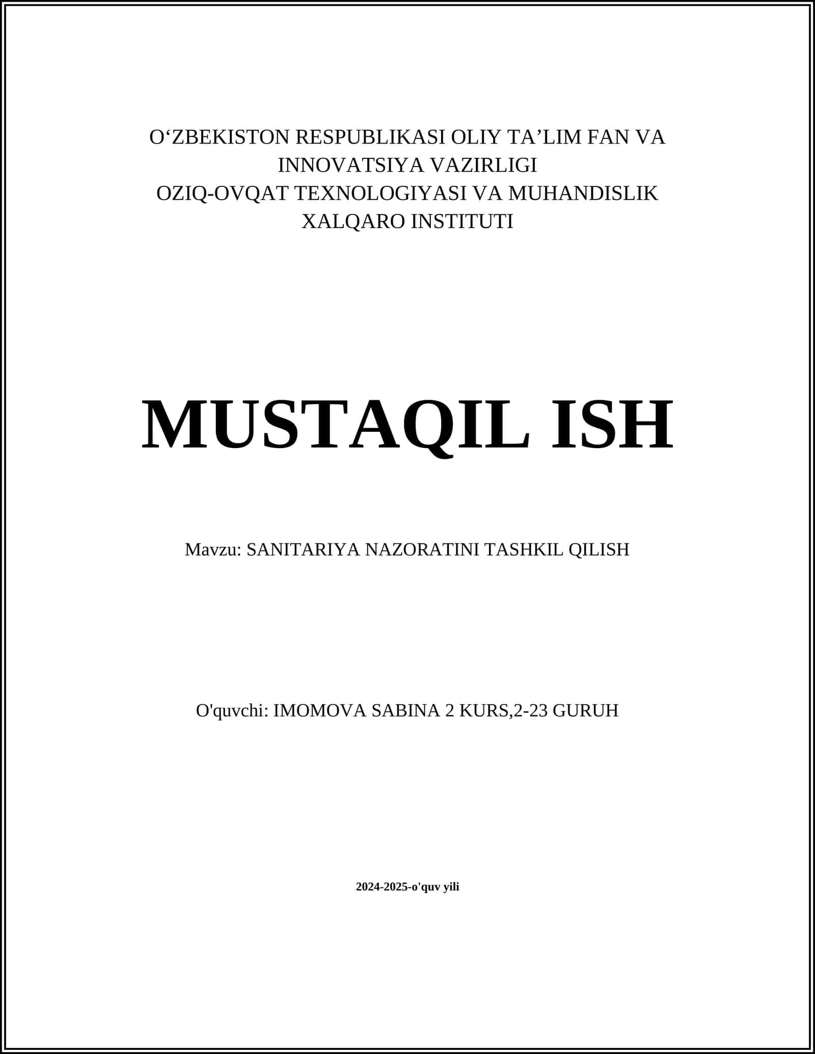 SANITARIYA NAZORATINI TASHKIL QILISH