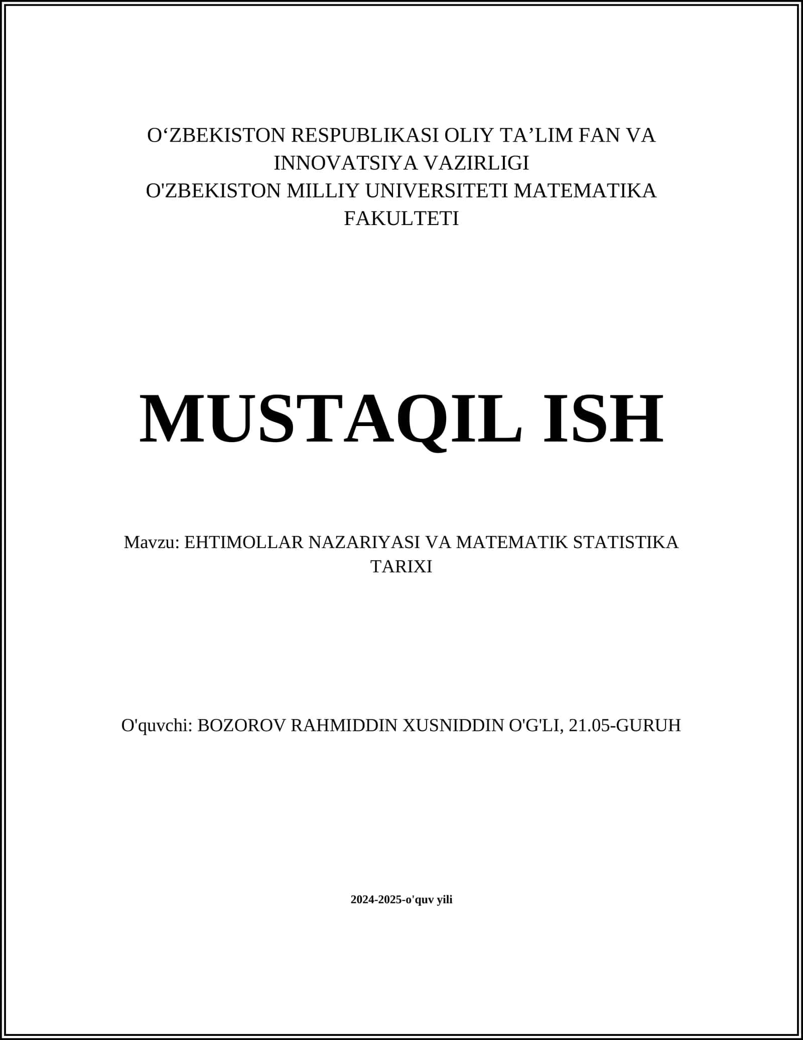 Ehtimollar Nazariyasi va Matematik Statistika Tarixi