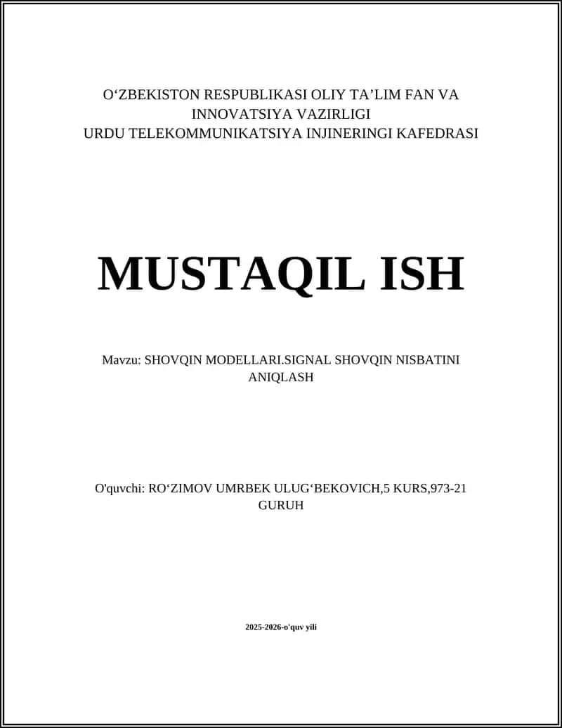 SHOVQIN MODELLARI.SIGNAL SHOVQIN NISBATINI ANIQLASH