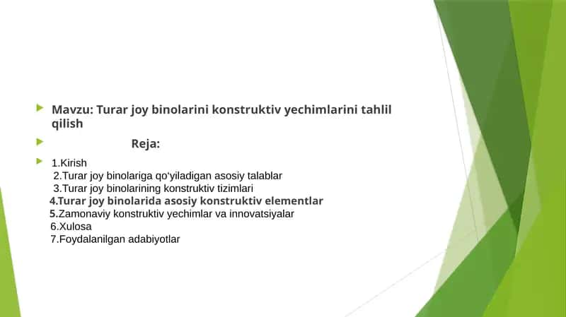 Turarjoybinolari konstruktivye chimlarini tahlil qilish