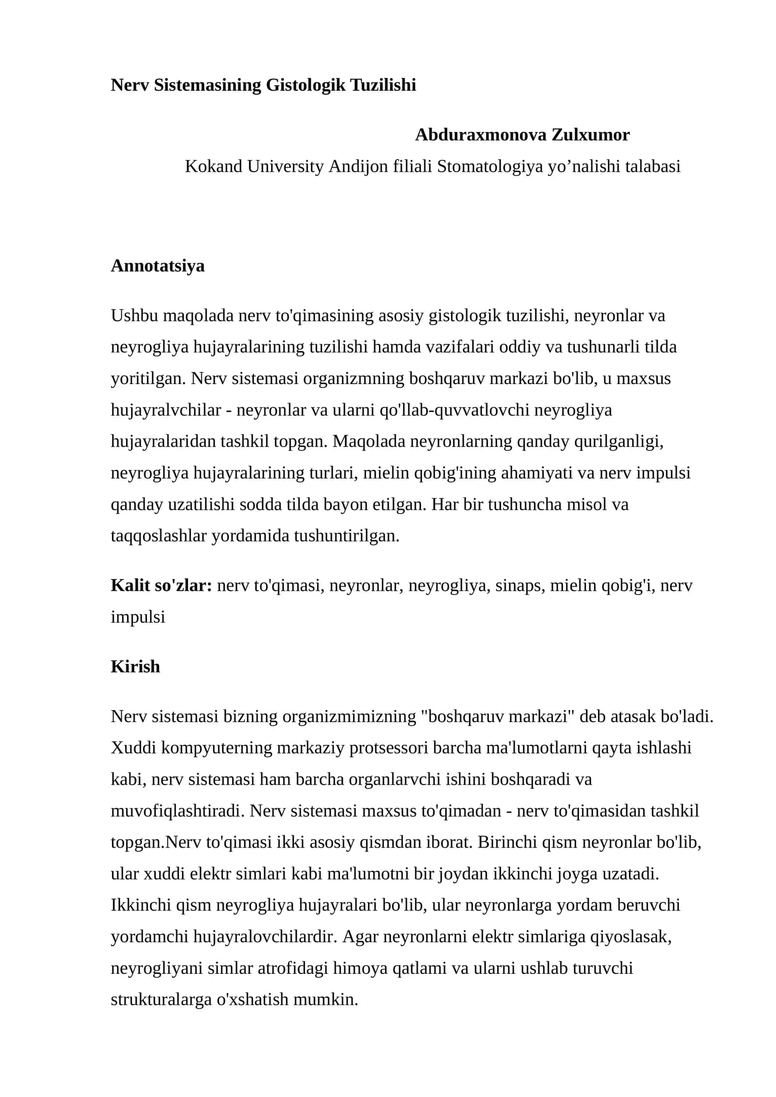 Nerv Sistemasining Gistologik Tuzilishi