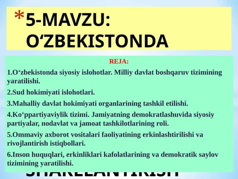 О‘ZBEKISTONDA HUQUQIY SIYOSIY ISLOHOTLARNING AMALGA OSHIRILISHI, DEMOKRATIK JAMIYATNI SHAKLLANTIRISH YО‘LIDAGI ISLOHOTLAR