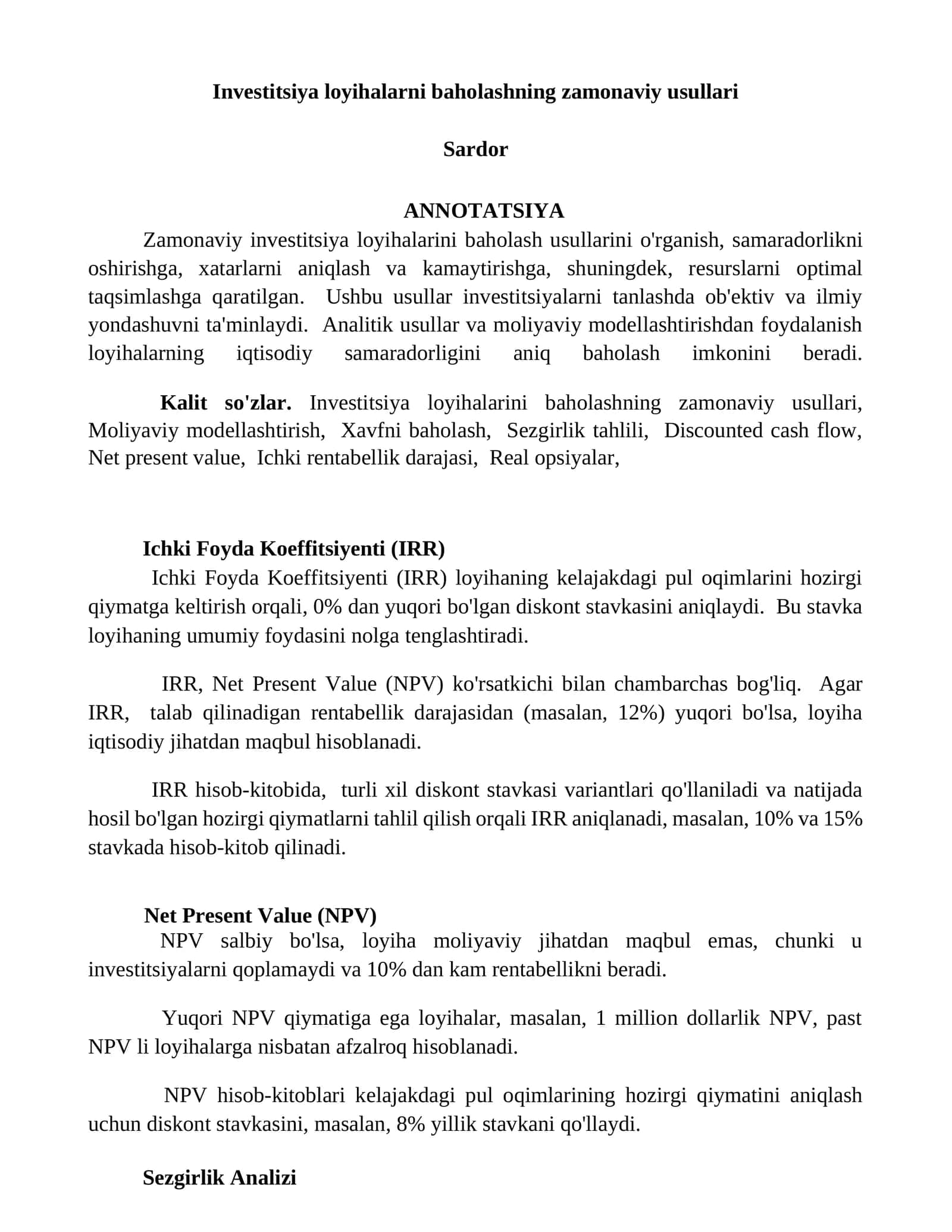 Investitsiya loyihalarni baholashning zamonaviy usullari