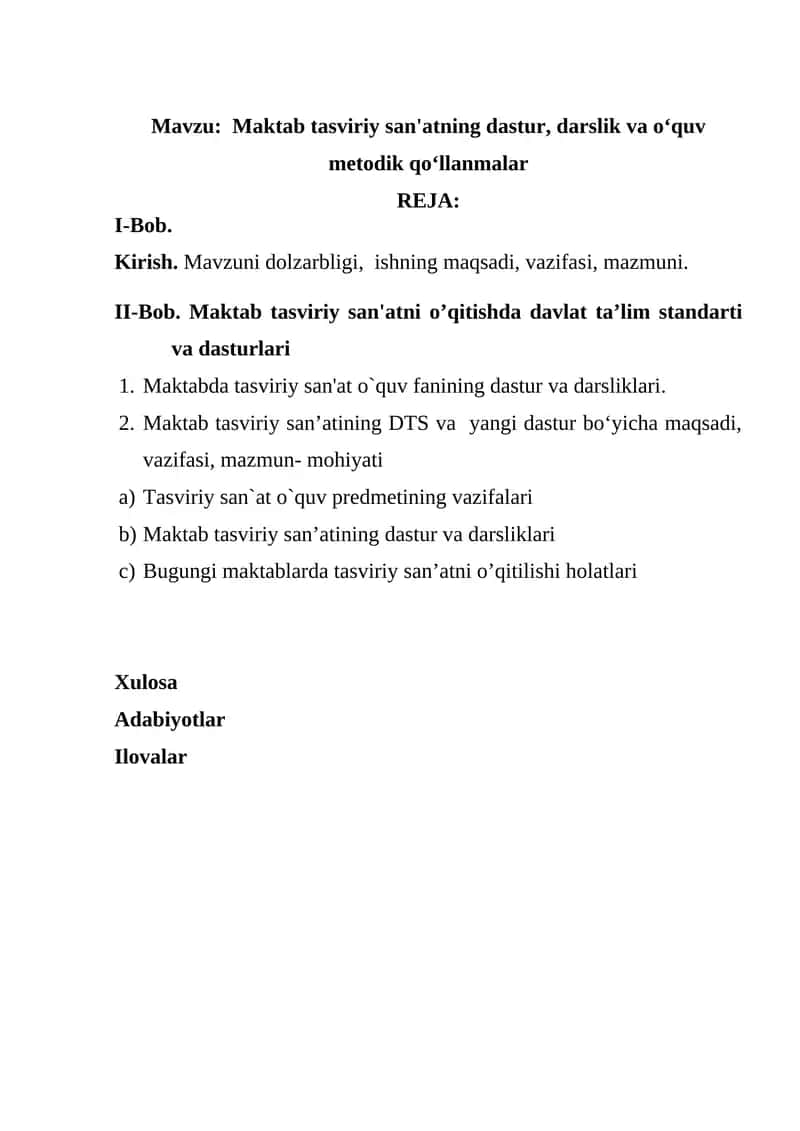 Maktab tasviriy san'atning dastur, darslik va o‘quv metodik qo‘llanmalar