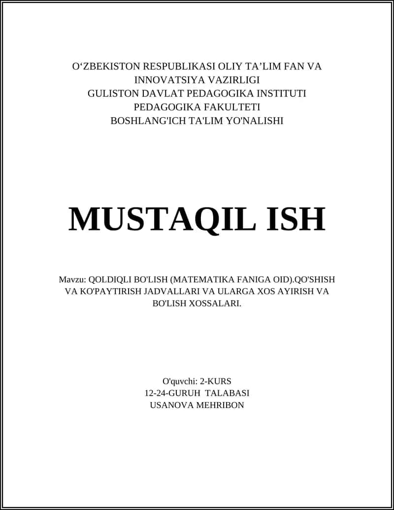 QOLDIQLI BO'LISH (MATEMATIKA FANIGA OID)