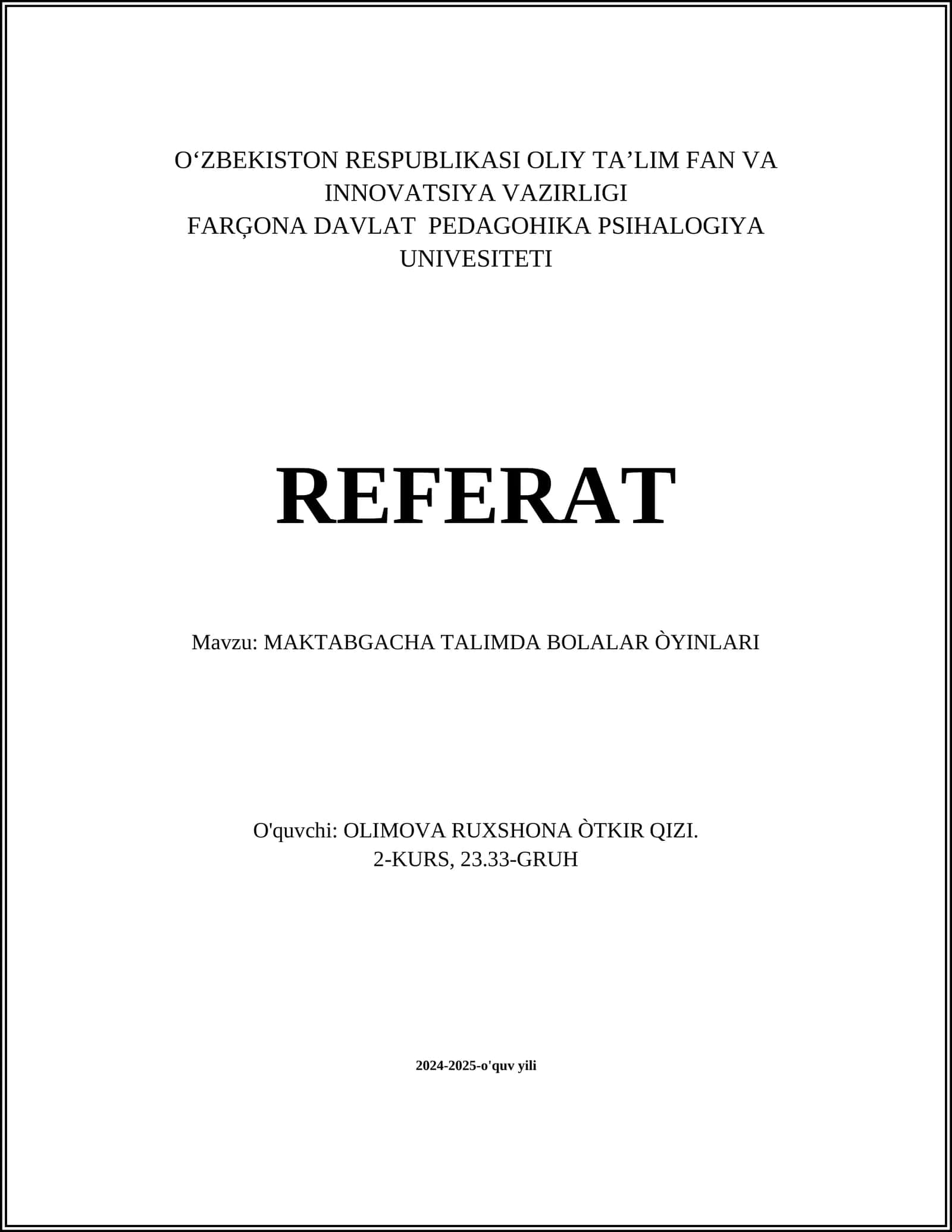 MAKTABGACHA TALIMDA BOLALAR ÒYINLARI