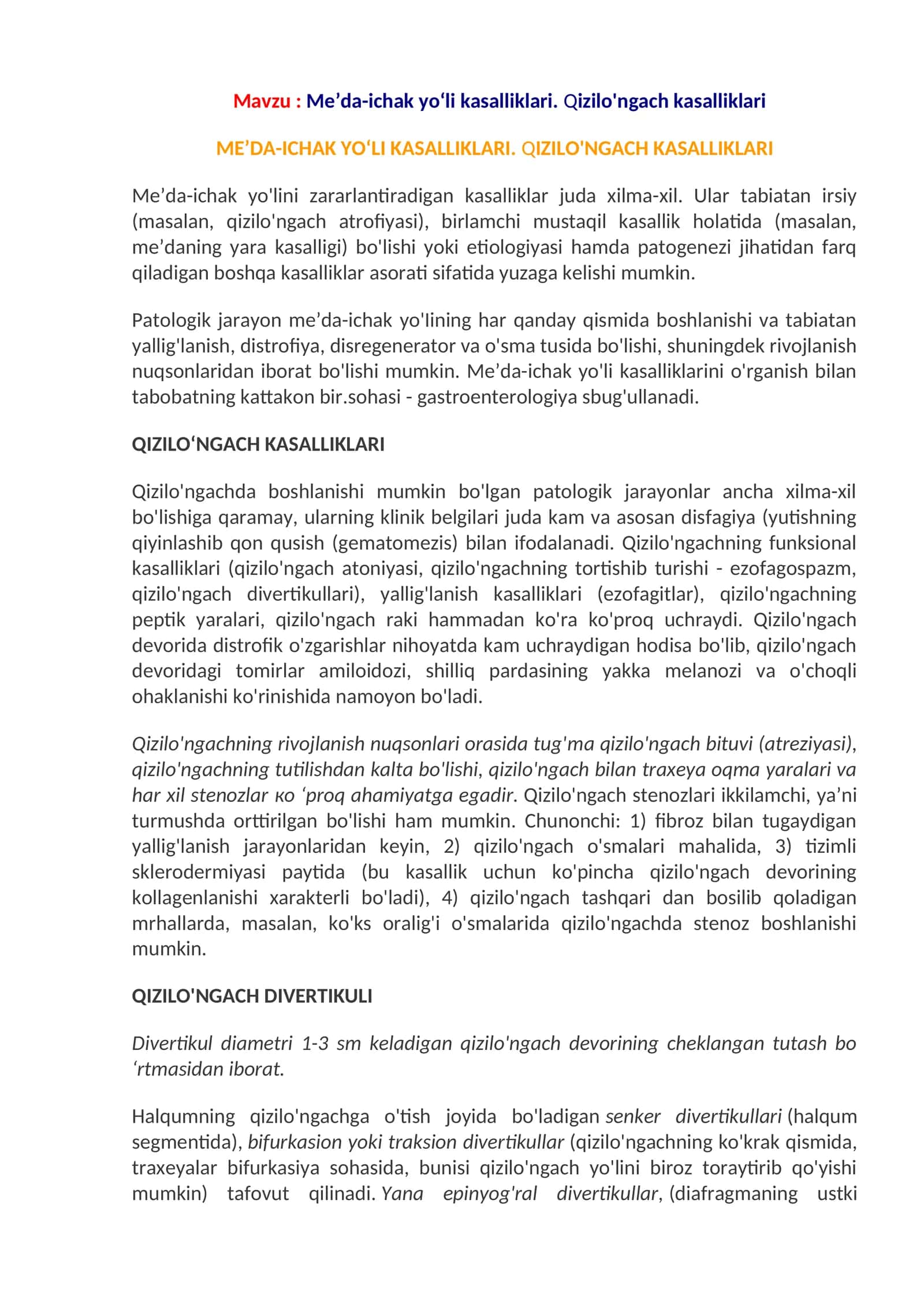 Me’da-ichak yo‘li kasalliklari. Qizilo'ngach kasalliklari