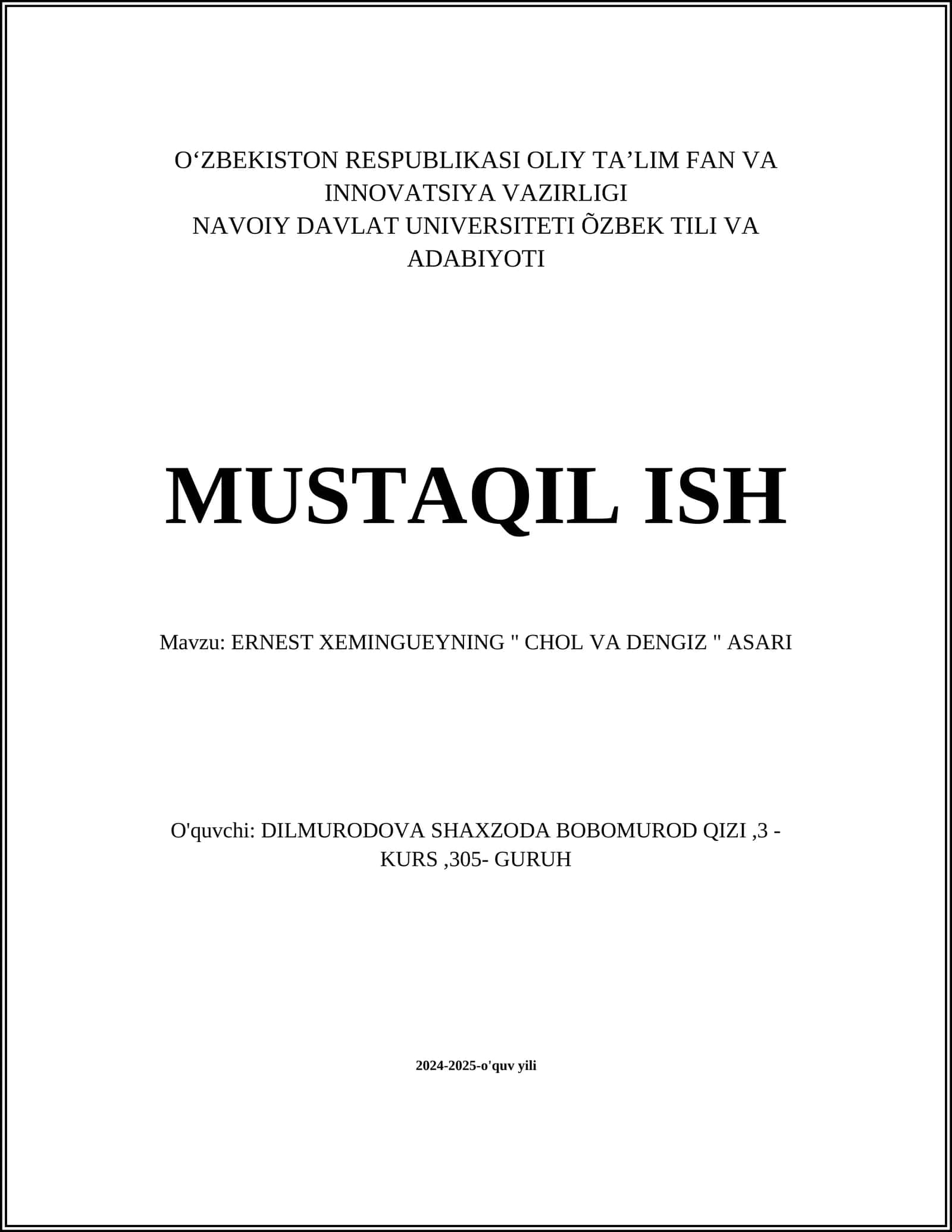 ERNEST XEMINGUEYNING " CHOL VA DENGIZ " ASARI
