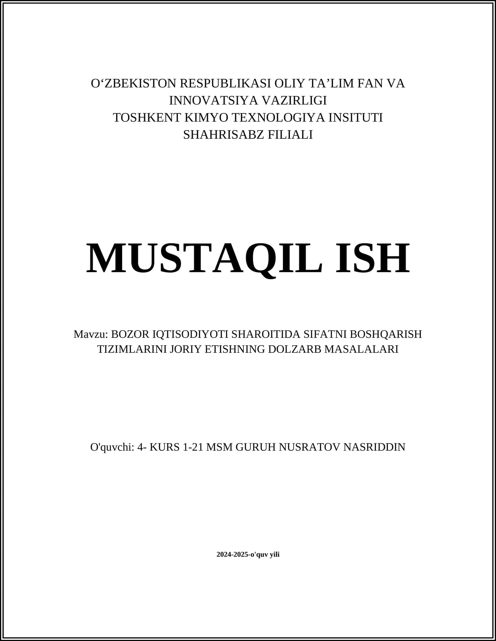 BOZOR IQTISODIYOTI SHAROITIDA SIFATNI BOSHQARISH TIZIMLARINI JORIY ETISHNING DOLZARB MASALALARI