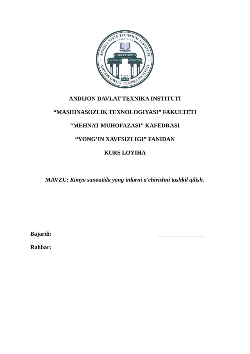 Kimyo sanoatida yong'inlarni o'chirishni tashkil qilish