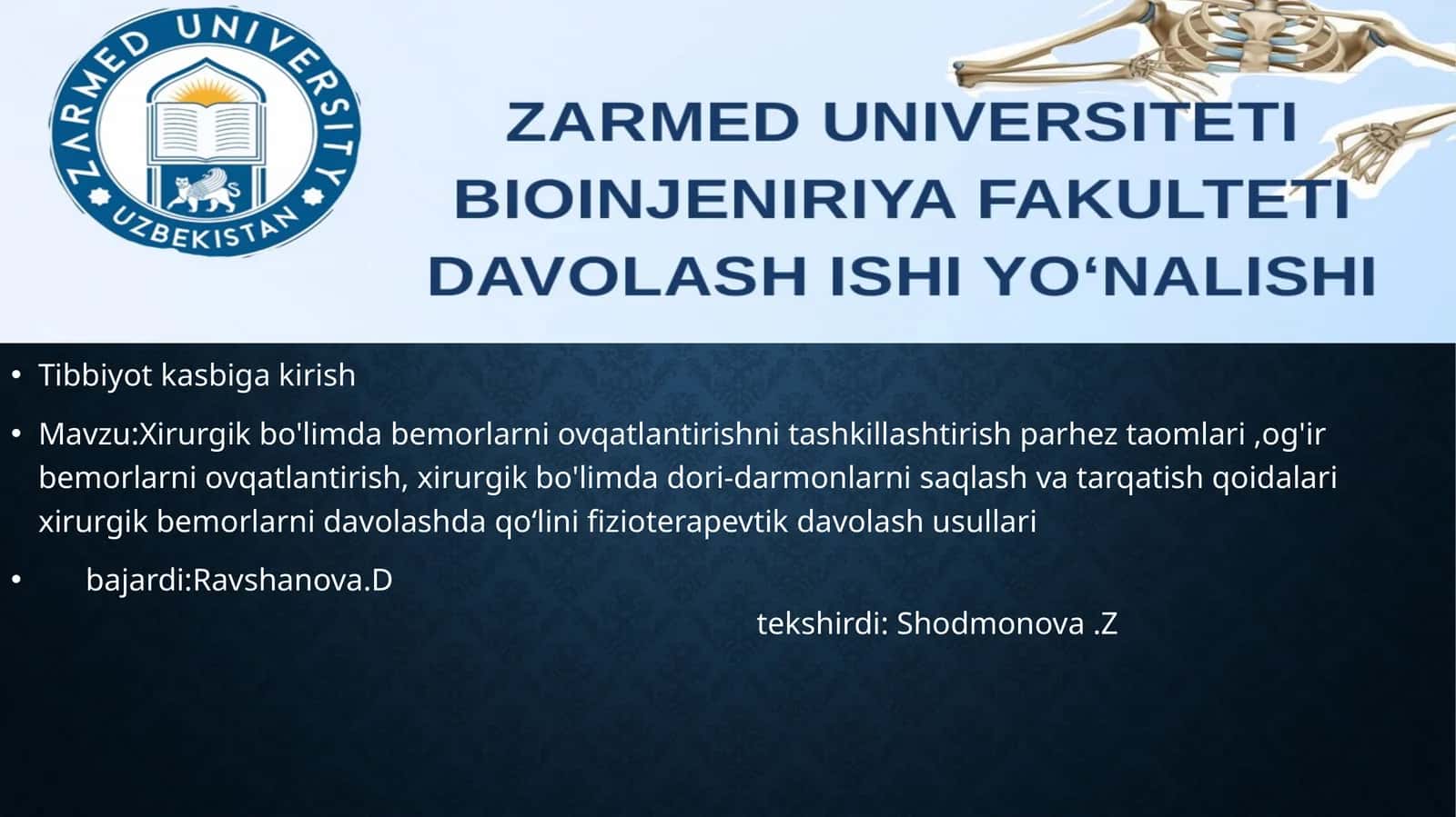 Xirurgik bo'limda bemorlarni ovqatlantirishni tashkillashtirish parhez taomlari, og'ir bemorlarni ovqatlantirish, xirurgik bo'limda dori-darmonlarni saqlash va tarqatish qoidalari xirurgik bemorlarni davolashda qo'linfizioterapevtik davolash usullari