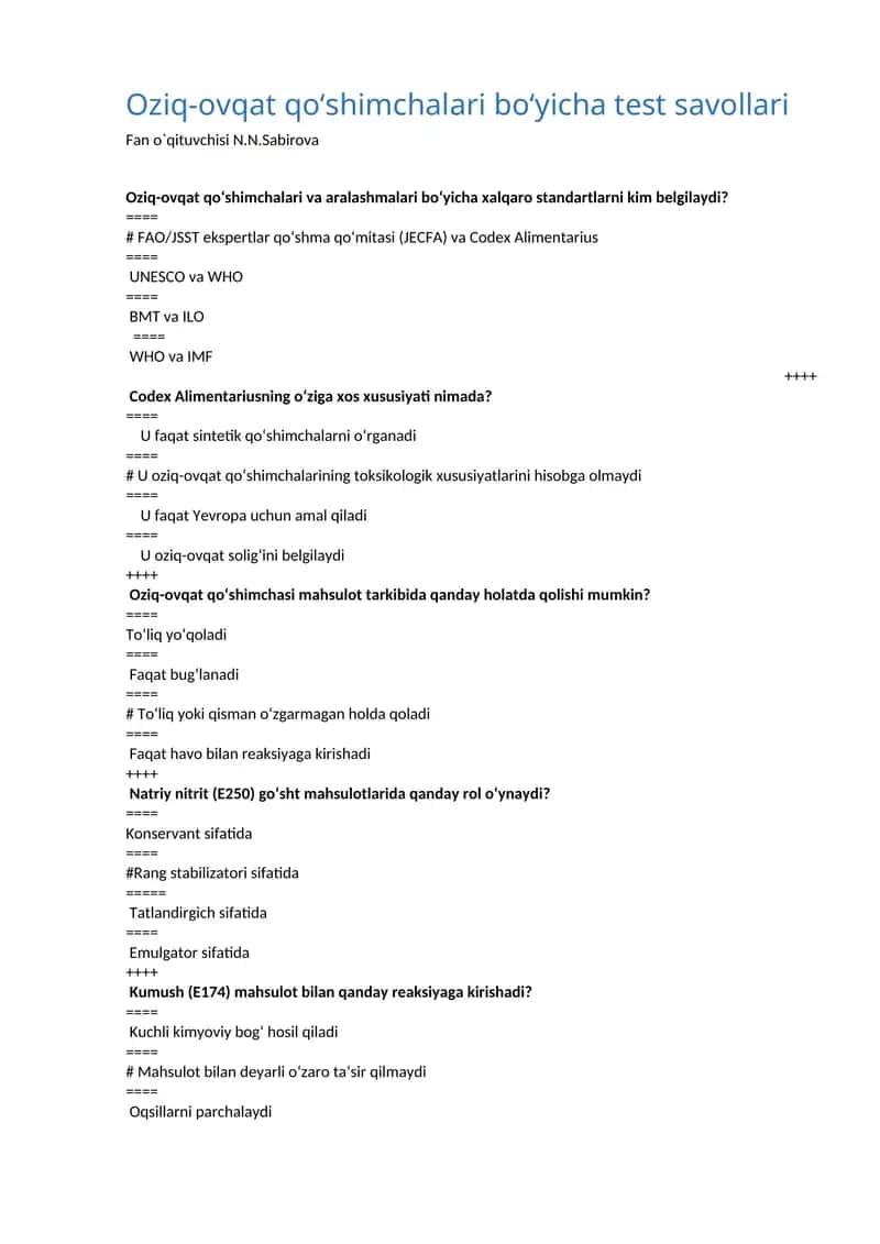 Oziq-ovqat qo‘shimchalari bo‘yicha test savollari