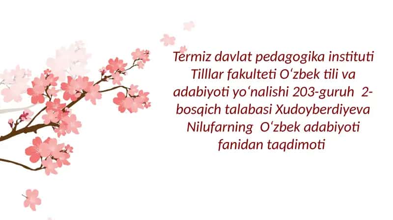 Xudoyberdiyeva va Nilufarning Oʻzbek adabiyoti fanidan taqdimoti