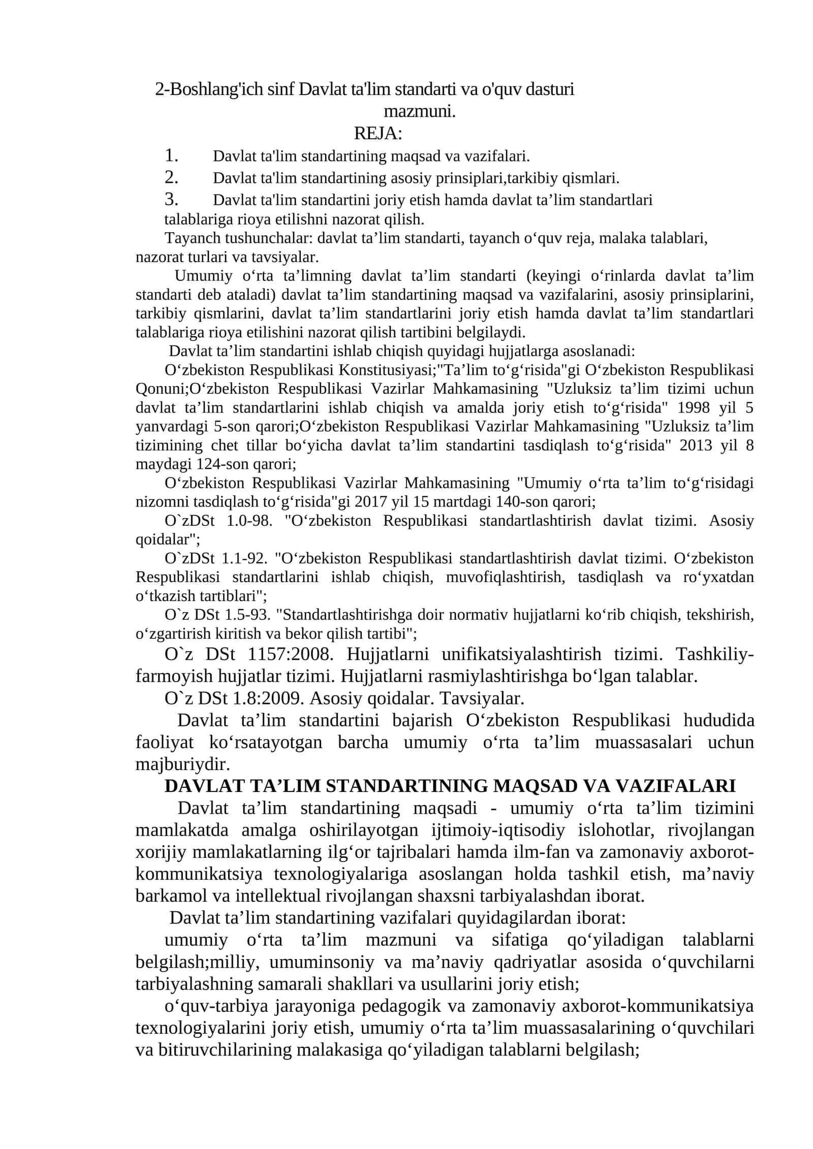 2-Boshlang'ich sinf Davlat ta'lim standarti va o'quv dasturi mazmuni