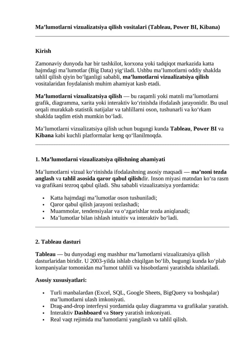 Ma’lumotlarni vizualizatsiya qilish vositalari (Tableau, Power BI, Kibana)