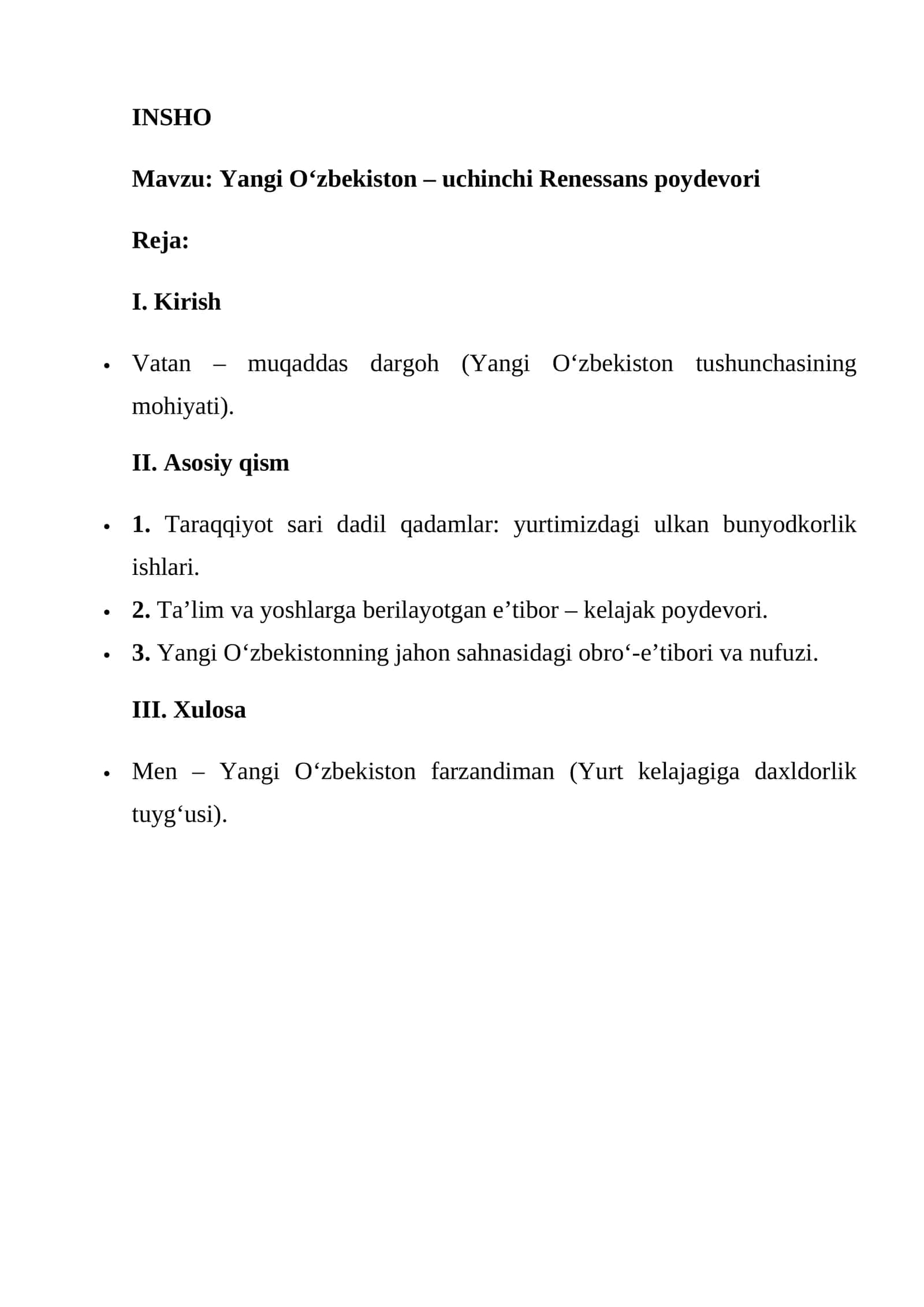 Yangi O‘zbekiston – uchinchi Renessans poydevori INSHO