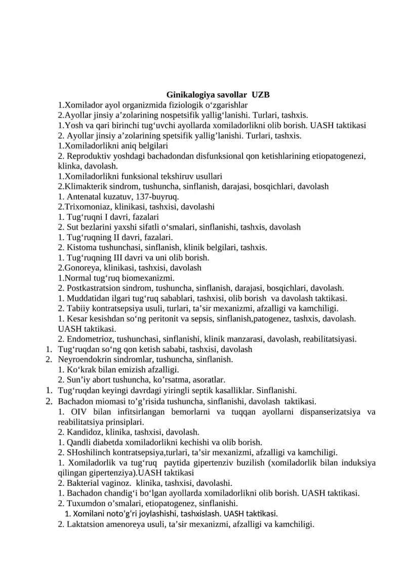 Ginikalogiya savollar UZB