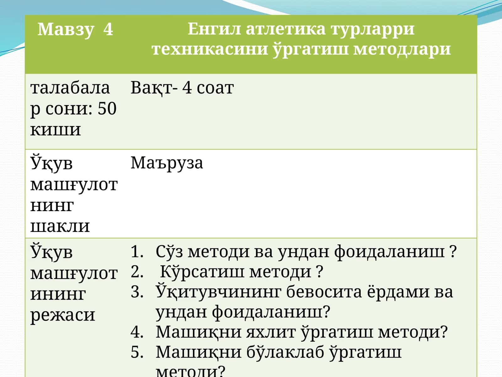 Енгил атлетика турларри техникасини ўргатиш методлари