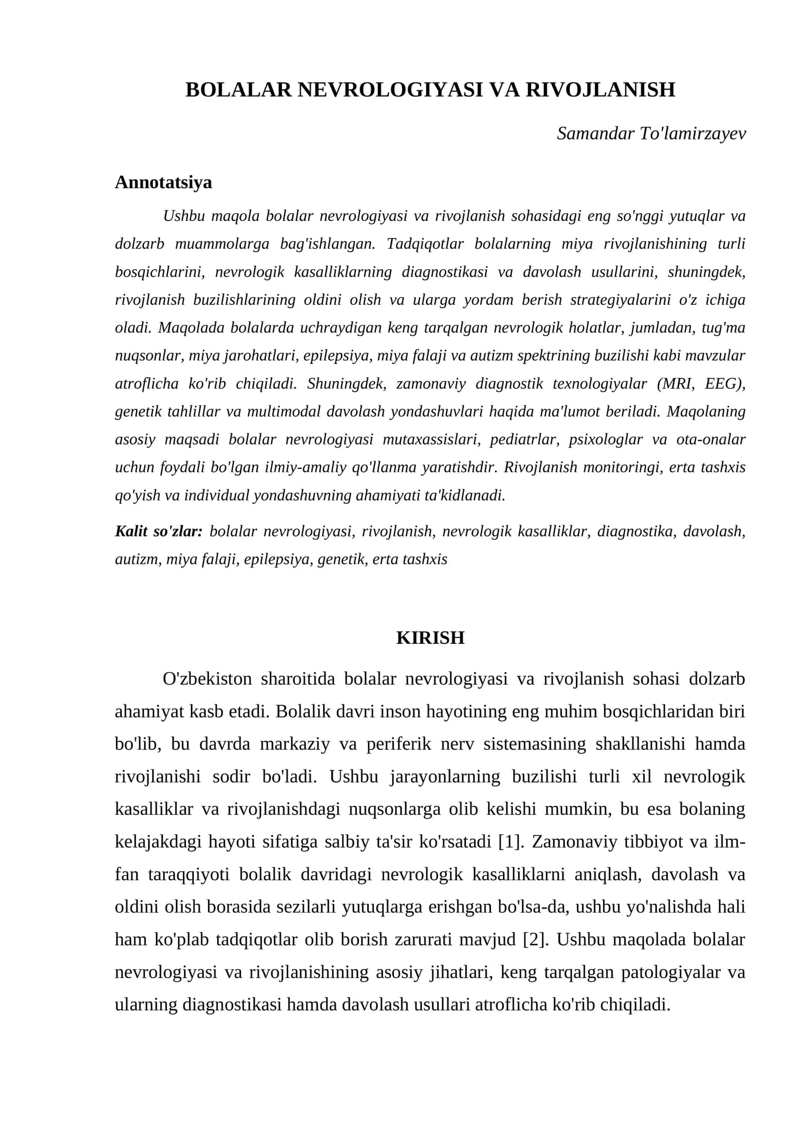 BOLALAR NEVROLOGIYASI VA RIVOJLANISH