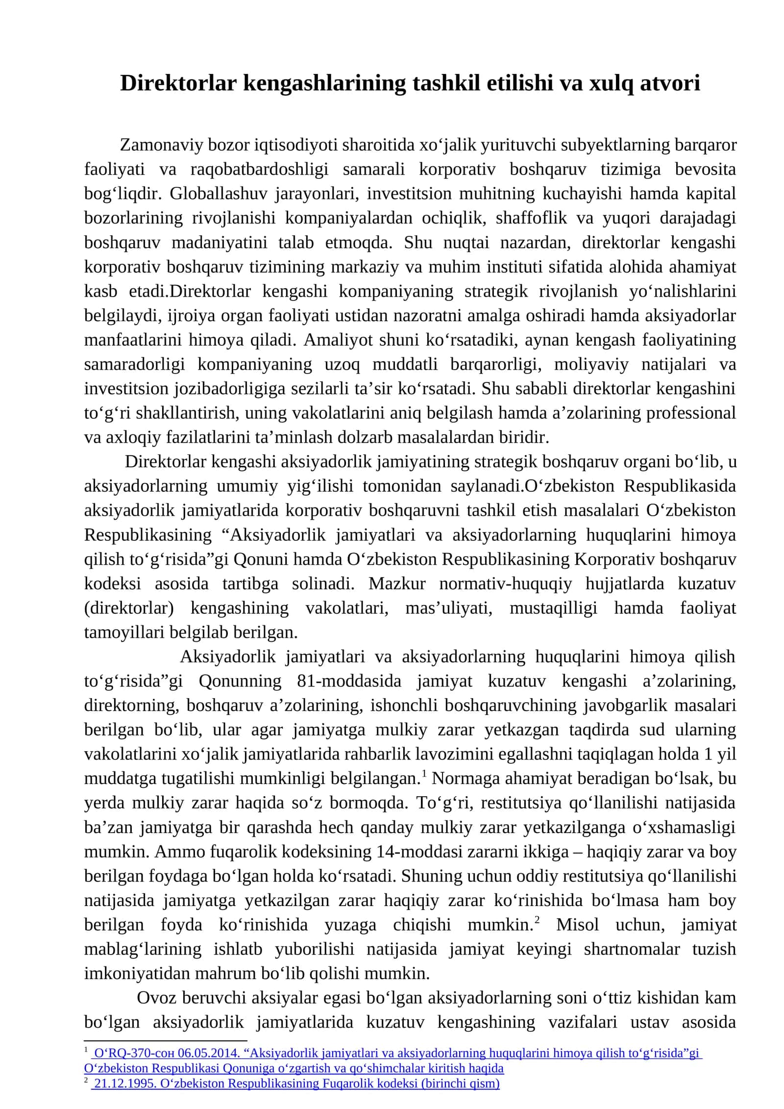 Direktorlar kengashlarining tashkil etilishi va xulq atvori