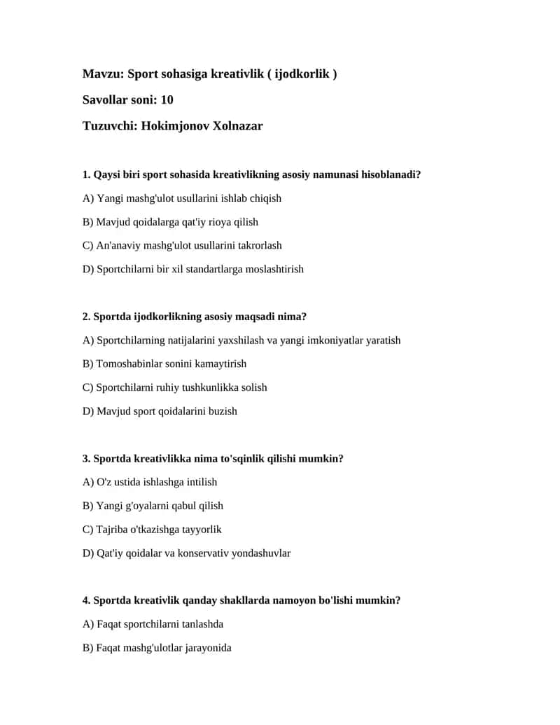 Sport sohasiga kreativlik ( ijodkorlik )