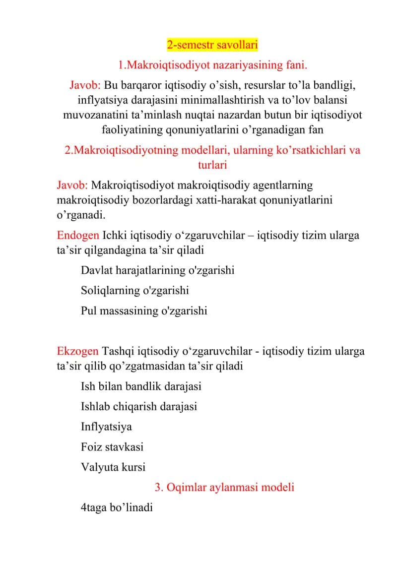 Makroiqtisodiyot nazariyasi savollar toʻplami