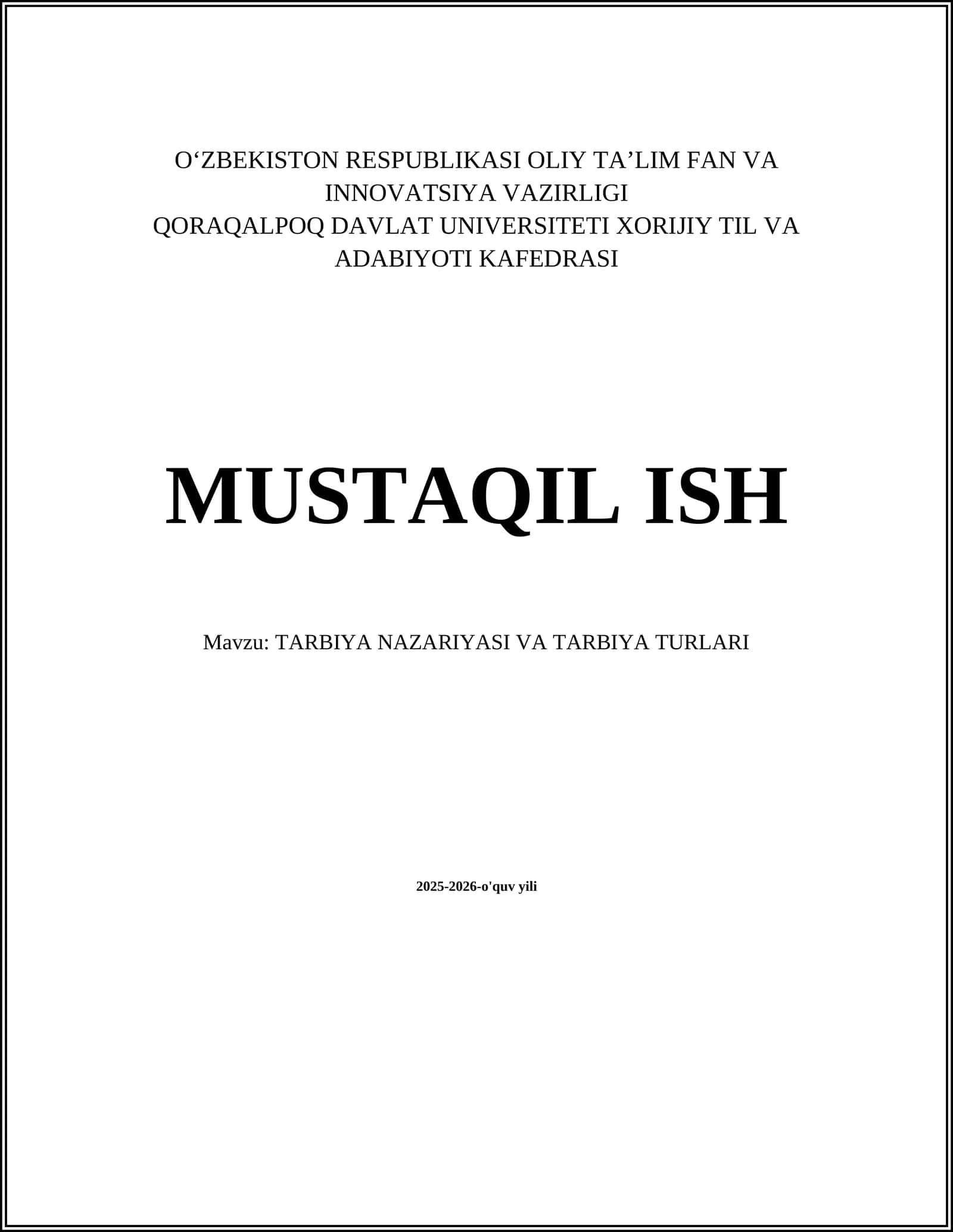 TARBIYA NAZARIYASI VA TARBIYA TURLARI