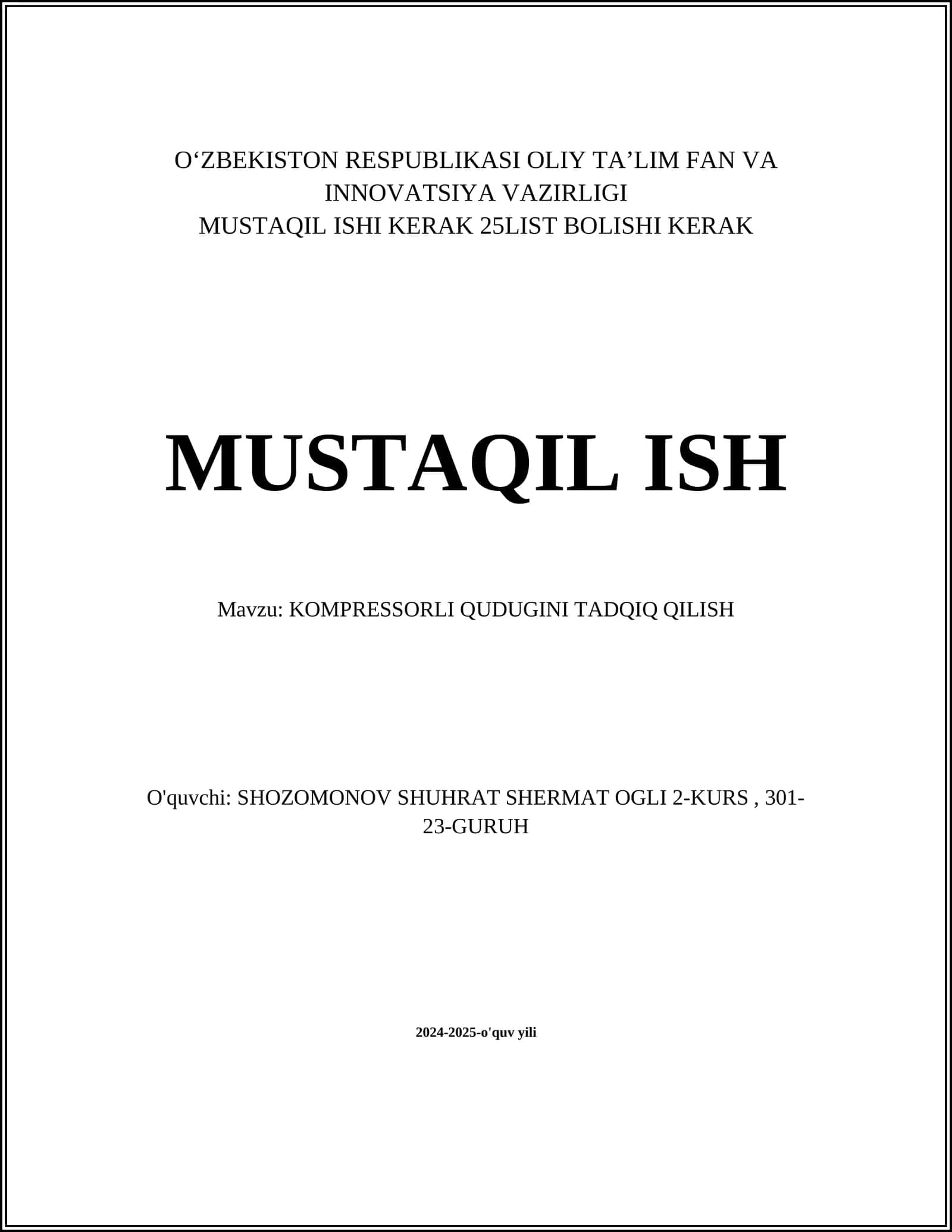KOMPRESSORLI QUDUGINI TADQIQ QILISH