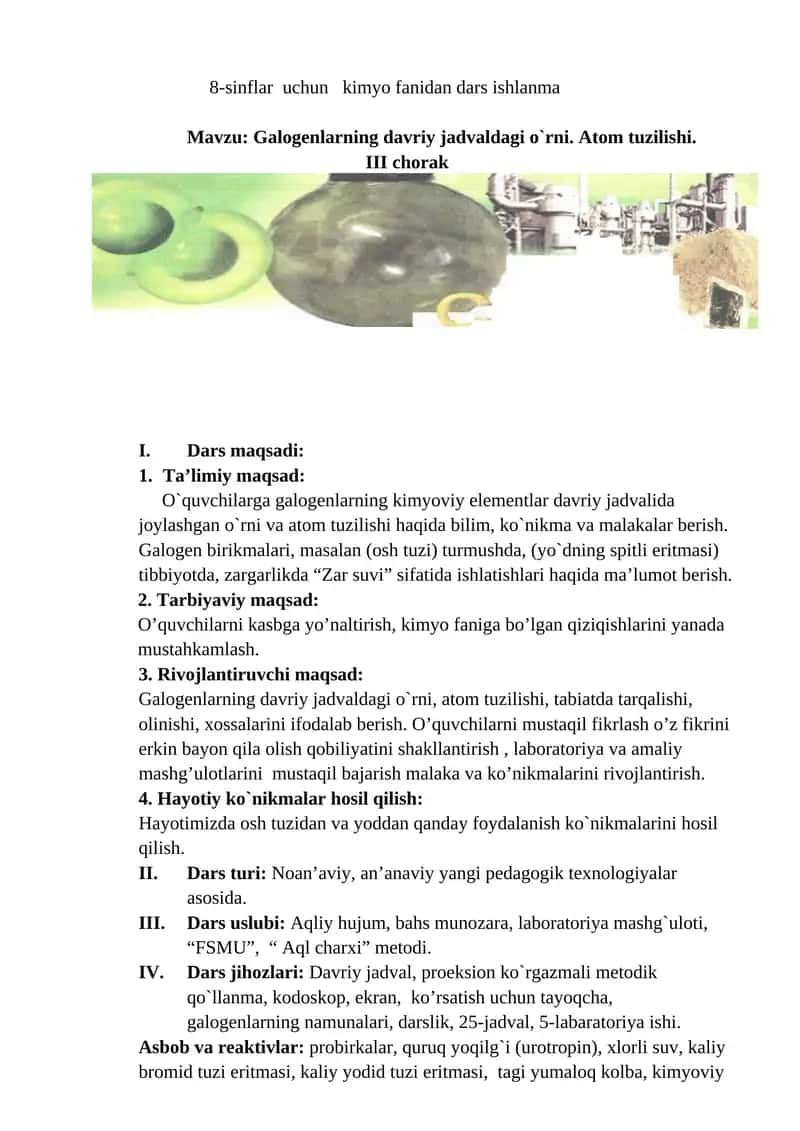8-sinflar uchun kimyo fanidan dars ishlanma