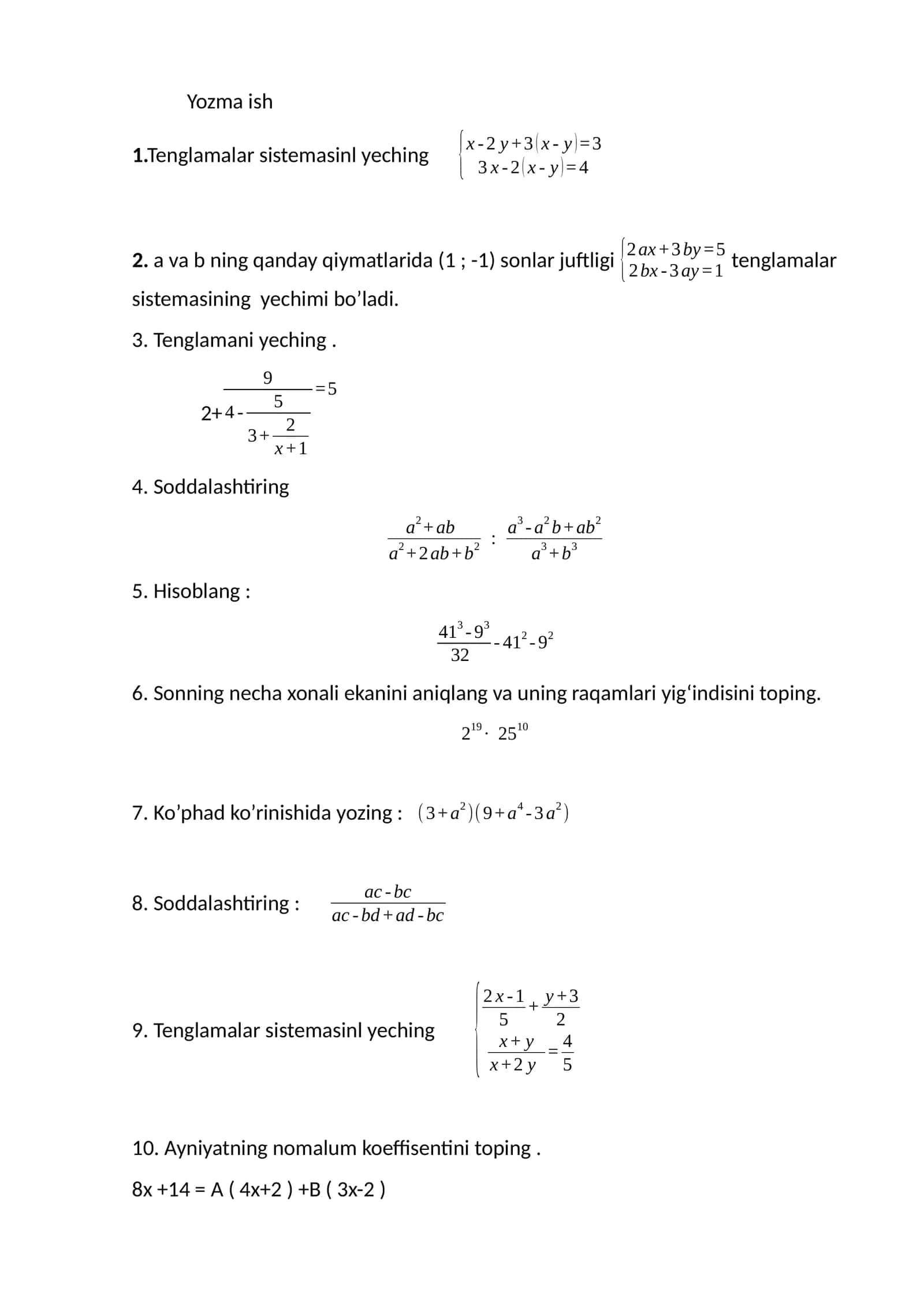 boshlangʻich mavzulardan matematik yozma ish