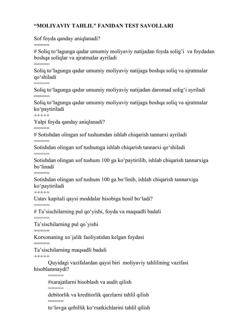 Moliyaviy tahlil test savollari