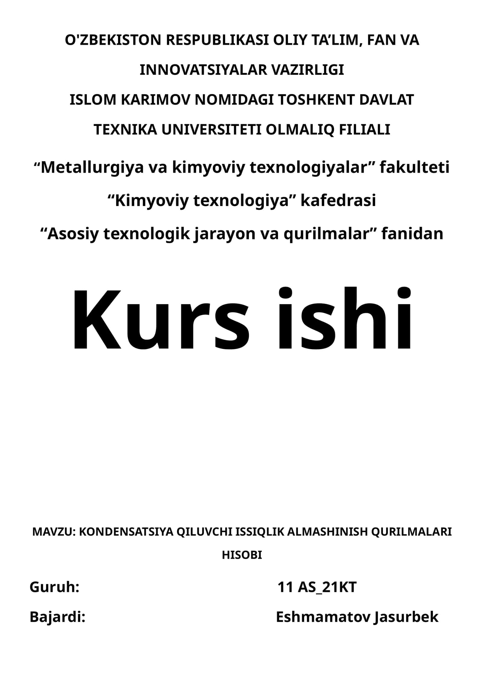 KONDENSATSIYA QILUVCHI ISSIQLIK ALMASHINISH QURILMALARI HISOBI
