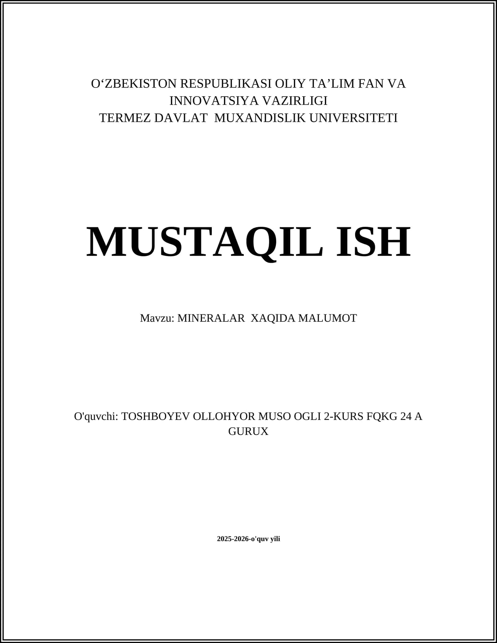MINERALAR XAQIDA MALUMOT