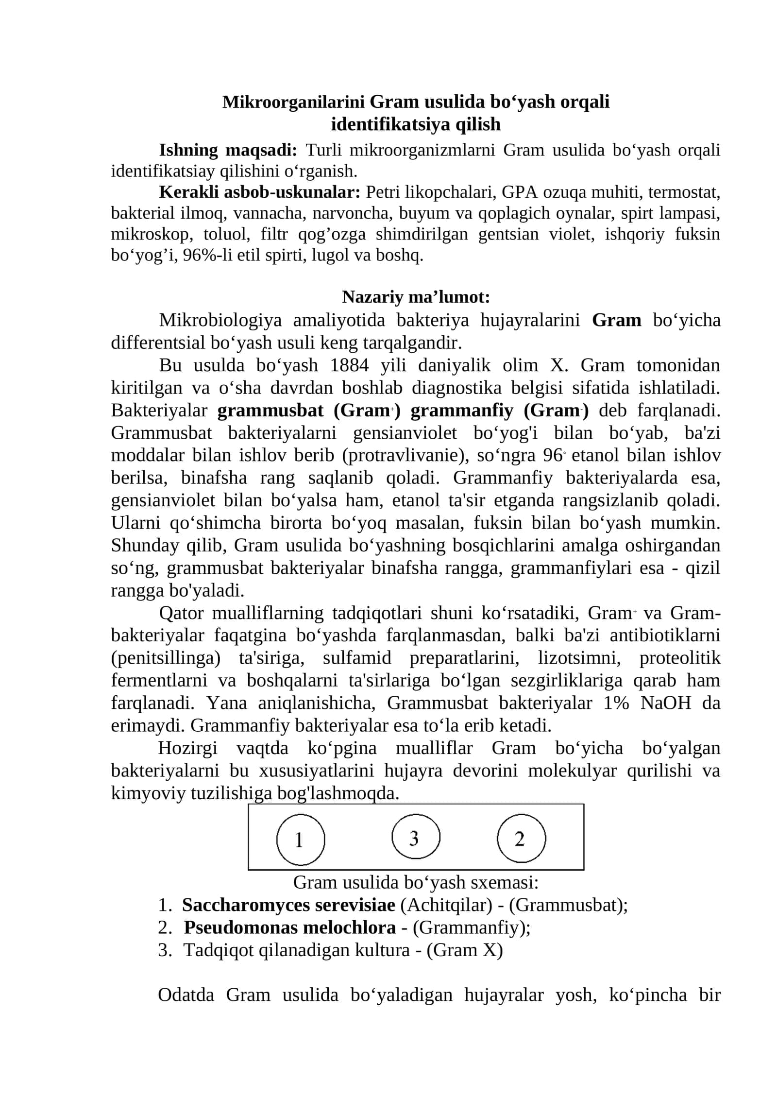Mikroorganilarini Gram usulida bo‘yash orqali identifikatsiya qilish