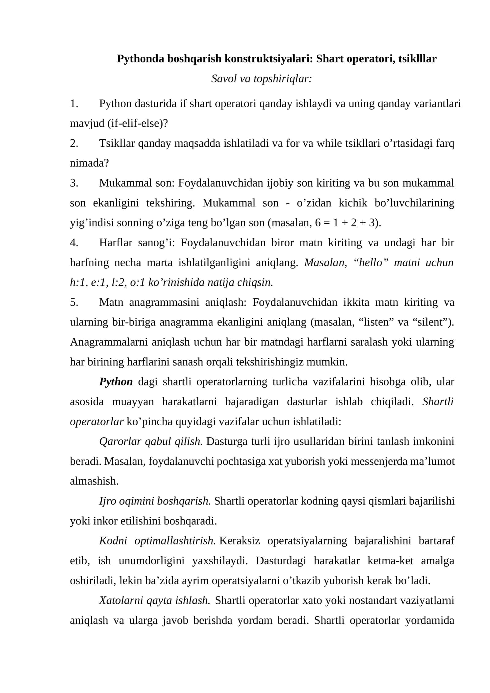 Pythonda boshqarish konstruktsiyalari: Shart operatori, tsiklllar