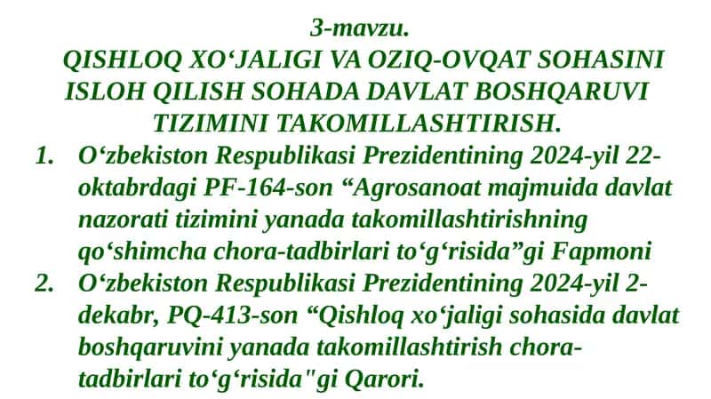 Qishloq xo'jaligi va oziq-ovqat sohasini isloq qilish sohada davlat boshqaruvini takomillashtirish