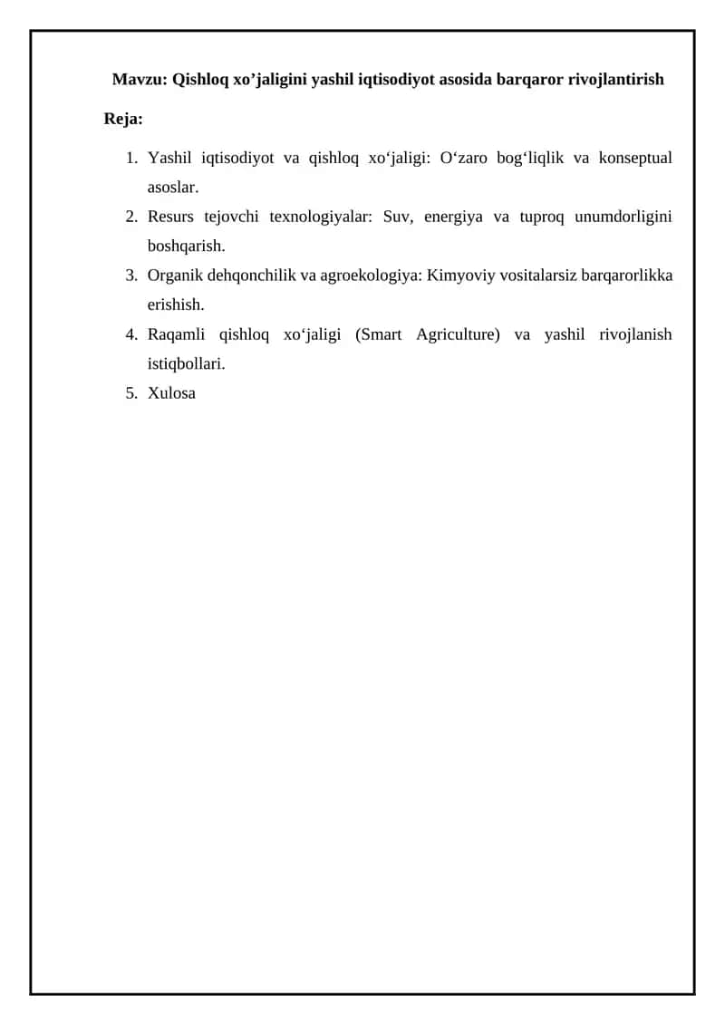 Qishloq xo’jaligini yashil iqtisodiyot asosida barqaror rivojlantirish