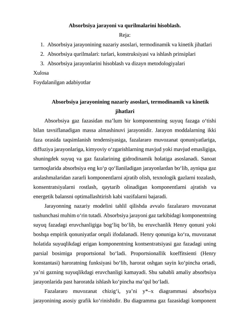 Absorbsiya jarayoni va qurilmalarini hisoblash