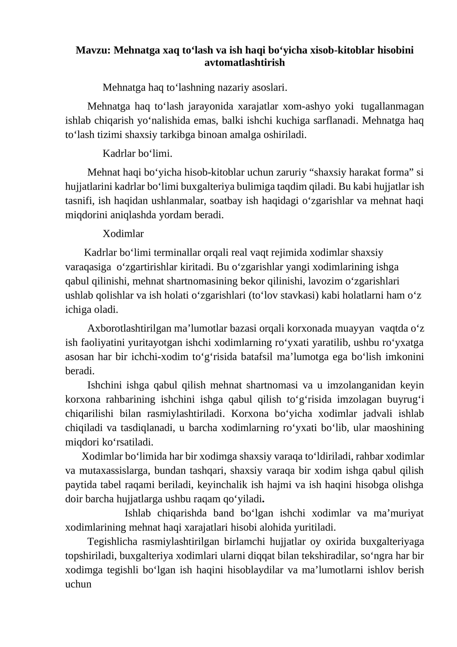 Mehnatga xaq to‘lash va ish haqi bo‘yicha xisob-kitoblar hisobini avtomatlashtirish